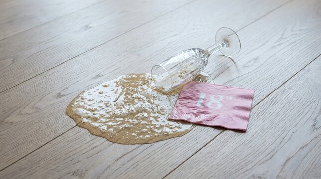 Spilled Wine Glass and Napkin on Wood Floor