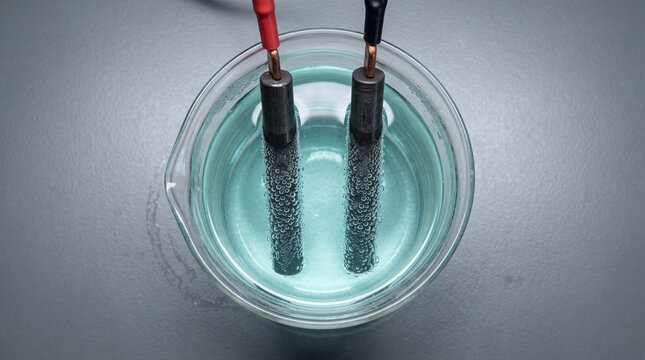Top-down macro view of Electrolysis bubbling in water displaying dual carbon electrodes inside a glass beaker for modern chemistry labs