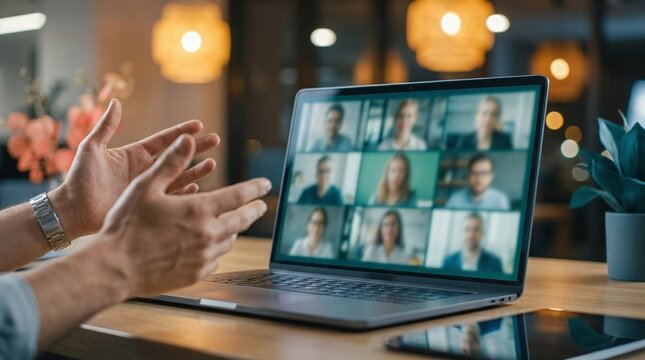 Person gesturing during a video conference call on a laptop