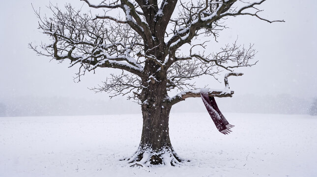 Close-up of a massive tree trunk with a hanging scarf during Heavy snowfall in open field representing lost items in freezing blizzards