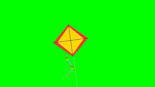 Vibrant Diamond Kite Soaring with Fluttering Bow Tail on Chroma Key Green Screen