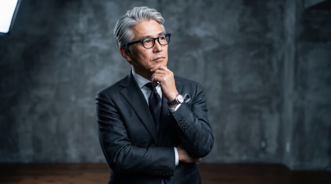 Thoughtful Mature Asian Businessman in Suit with Eyeglasses Posing with Hand on Chin in Studio