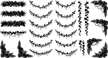 Obraz premium Tropical Jungle Liana Vine Silhouette Border Set with Hanging Ivy and Fern Leaf Vector Corner Graphics