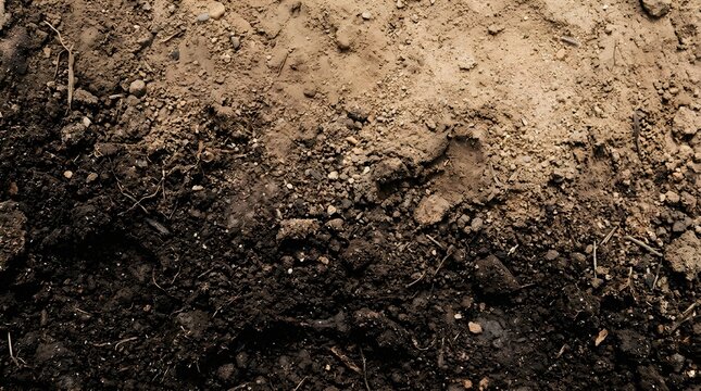 Top view of dark fertile soil and light sandy ground texture