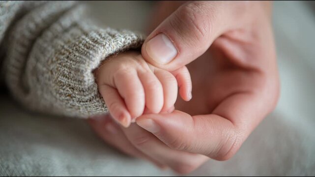 Close-up of a newborn baby's tiny hand holding a parent's finger, symbolizing family and love