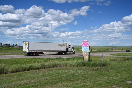 Tompkins, SK, Canada - July 04, 2026: A truck is driving along the  Trans-Canada Highway 1 in Saskatchewan.