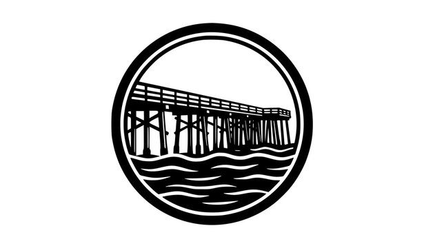 Vintage circular pier sign vector emblem retro seaside boardwalk badge silhouette