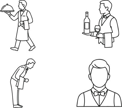Colorful restaurant service workers vector collection with professional waiter bartender and chef characters in flat graphic design style