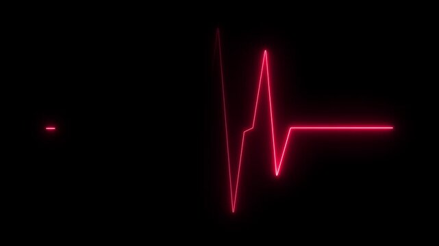 Intense red neon electrocardiogram line pulsing on a black background signifying a strong heartbeat and life