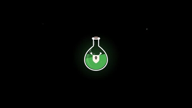 Green Poison Potion Bottle with Skull Symbol Animation Isolated on Black Background for Game Design and Fantasy Alchemy Concepts