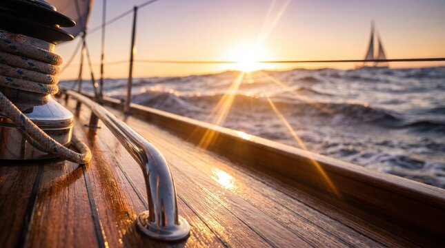 Sailboat deck at sunset sailing on the ocean with a golden warm glow
