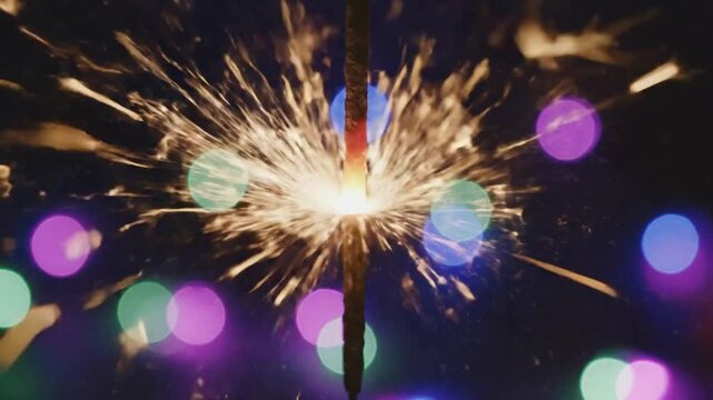 Close-up of a sparkling firework stick with colorful bokeh lights creating a festive background