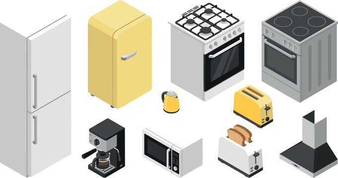 Isometric Kitchen Appliances and Electronic Equipment Vector Set Featuring Refrigerator Stove Oven Microwave Toaster Coffee Machine Kettle and Hood for Interior Design Graphics