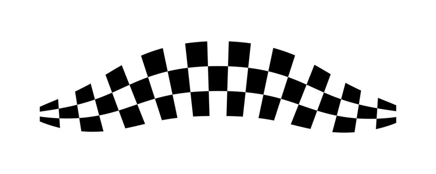 Black and white racing flag wavy design for motorsport checkered finish line background on transparent background.