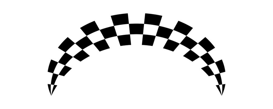 Black and white racing flag arch with arrows for motorsport checkered finish line background on transparent background.