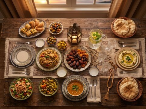 Traditional ramadan iftar table with delicious middle eastern food