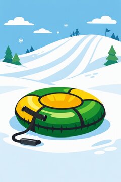Green and yellow inflatable snow tube on snowy hill for winter tubing activity poster background and outdoor seasonal recreation design