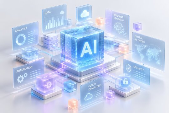Artificial Intelligence Ecosystem: A glowing cube labeled AI sits at the center, surrounded by holographic displays showing data analytics, automation, cloud computing, security.