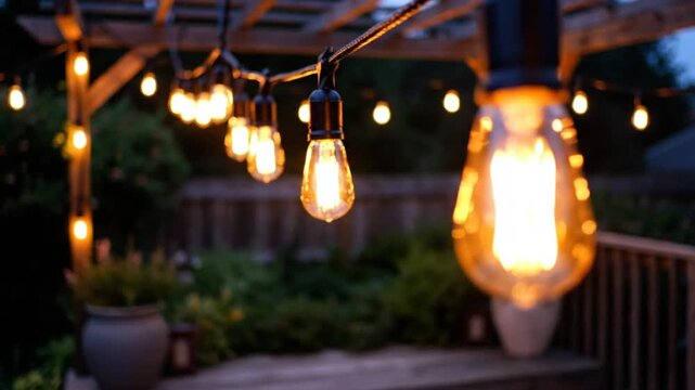 Outdoor string lights illuminating a wooden pergola on a wooden deck at dusk with a soft background