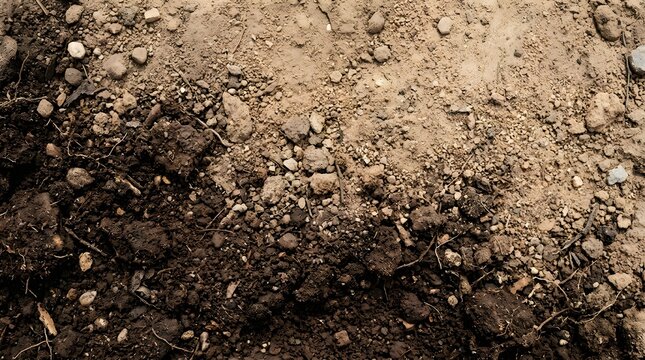 Top view of soil texture showing a transition from dark organic earth to light sandy ground