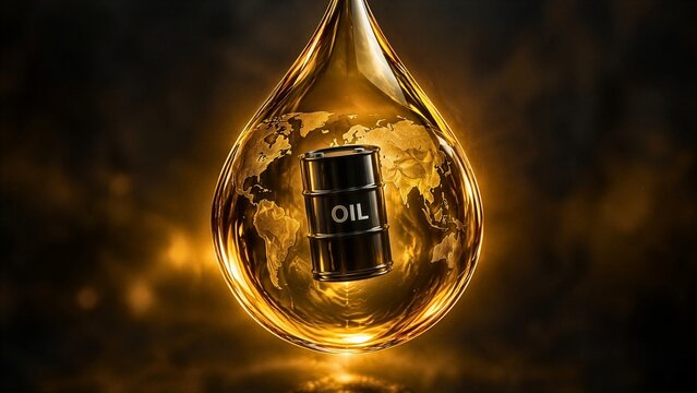 Golden crude oil drop containing oil drum barrel with world map reflection on dark background