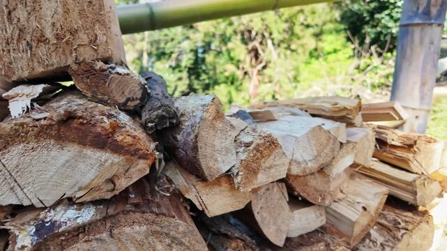 Freshly cut firewood logs stacked outdoors showing textured wood grain and natural bark details in sunlight.