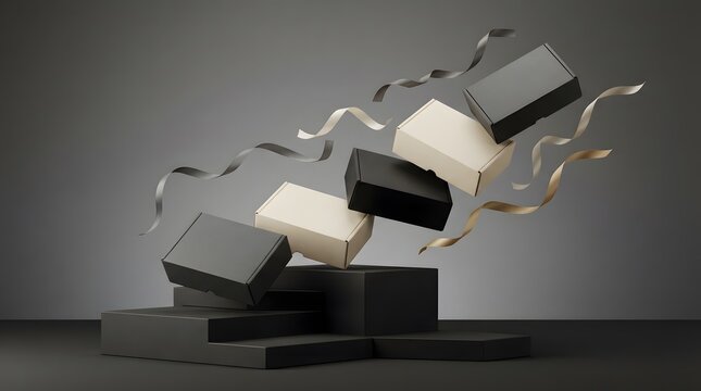 Abstract composition of crumpled paper and dark geometric shapes in studio lighting