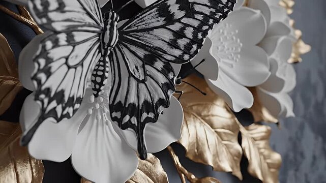 Elegant grayscale butterfly resting on metallic gold leaves amidst pale flowers
