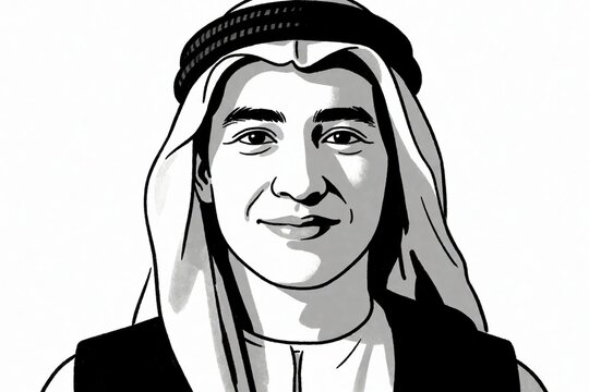 A dignified man in traditional Middle Eastern attire stands formally against a crisp white backdrop, his thobe and keffiyeh perfectly arranged as he offers a subtle smile.