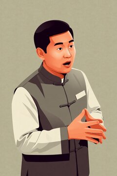 A middle-aged man in a traditional Chinese-style vest and white long-sleeve shirt poses formally with hands clasped together, wearing a rectangular name tag on his left side, set