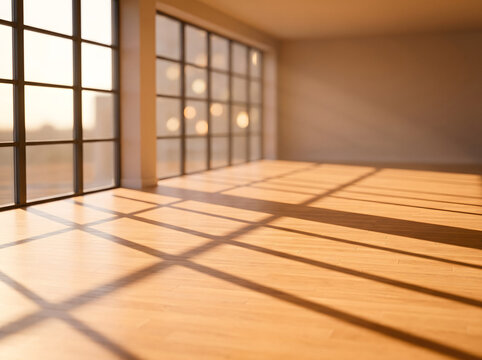Sunlight casting geometric shadows across wooden floor through large
