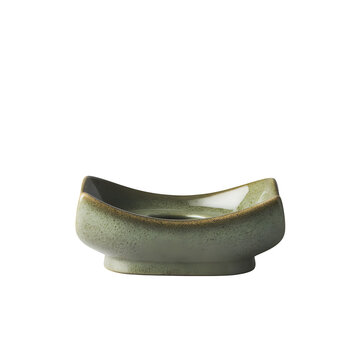 Small green ceramic bowl with curved edges and textured speckled finish isolated on transparent background