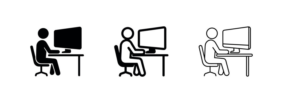 Person working on a desktop computer at a desk icon set.