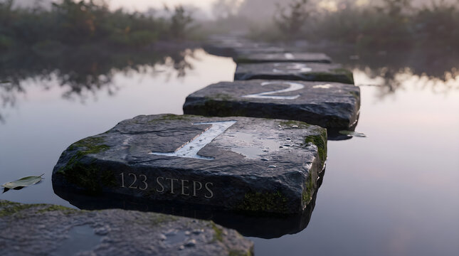 A conceptual path with 123 steps on stone blocks crossing a calm water surface for business growth strategy.