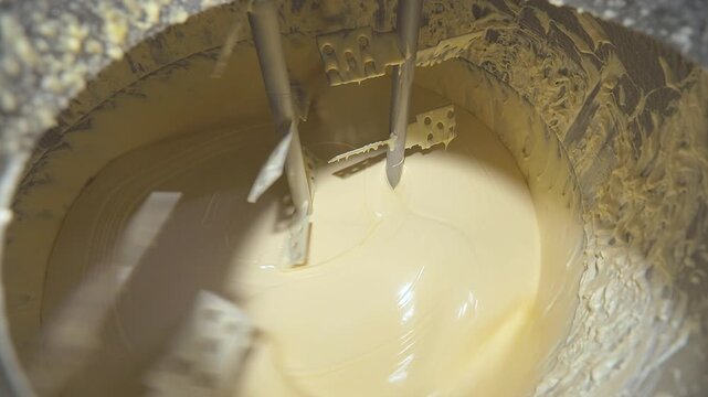 Industrial mixer or blender mixing a creamy dairy product, food ingredient, or paint in a large metal tank at a manufacturing plant. Industrial stainless steel mixing tank emulsifying mayonnaise. 
