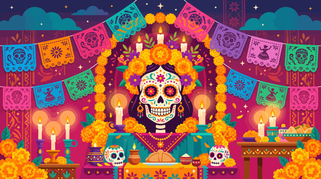 Colorful altar with sugar skulls and flowers for d&iacute;a de los muertos