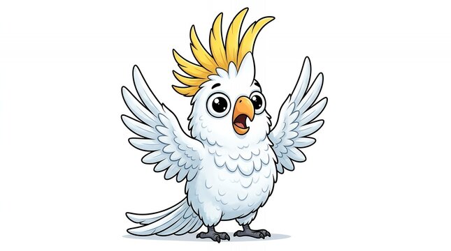 Adorable Cartoon Cockatoo with Open Wings and Bright Yellow Crest.