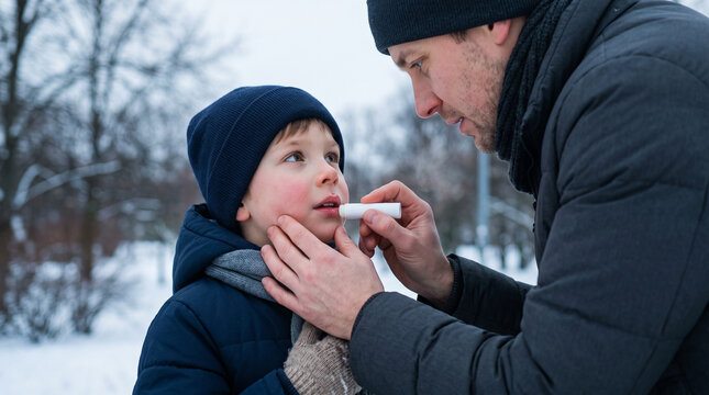 A loving father gently checking his young child with chapped lips outdoors in winter snow demonstrating family healthcare and skin protection care