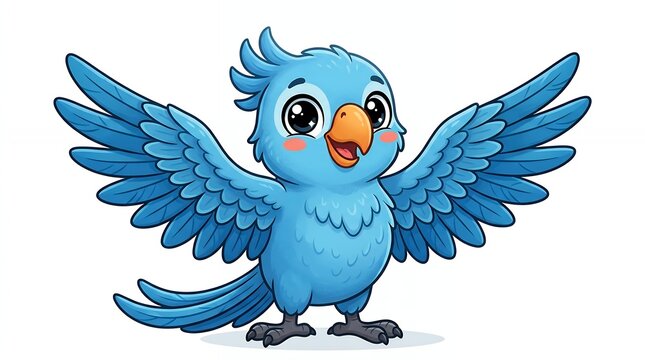 Cute Blue Parrot Cartoon Character with Open Wings.