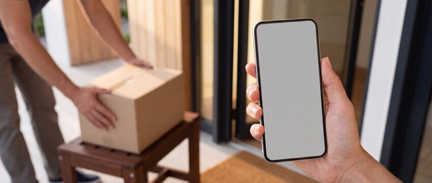 Hand holding smartphone with blank screen mockup while delivery courier places cardboard box package at front door entrance