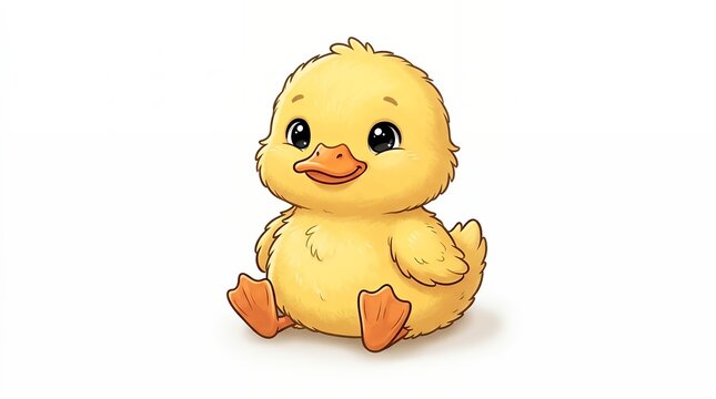 Cute cartoon baby duckling sitting, isolated on white background, adorable yellow chick with big eyes, sweet farm animal illustration for children.