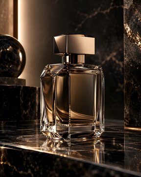 Luxury perfume glass bottle mockup, elegant fragrance spray on dark marble vanity, premium amber cologne product photography