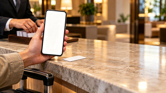 Guest holding a smartphone with blank white screen mockup while checking in at luxury hotel reception desk with room keycard on marble counter