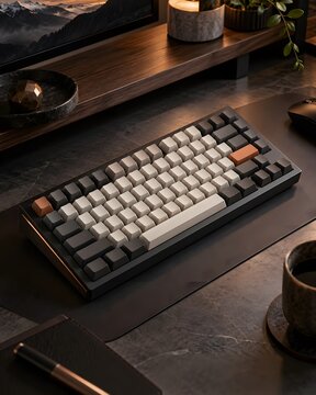 Modern mechanical keyboard on dark wooden desk, custom keycaps workspace setup, moody gaming desktop layout