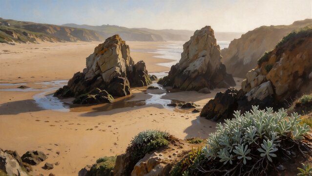 Weathered sea stacks stand sentinel along a serene, golden-sand beach, their rugged textures softened by wisps of moss and lichen under a brilliant blue sky.