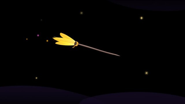 Magic Witch Broomstick Flying in the Dark Night Sky with Stars for Halloween and Fantasy Concepts 2D Cartoon Illustration