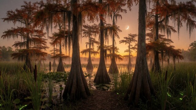 A serene cypress swamp at twilight, with bald cypresses and Spanish moss reflecting golden light on calm water, surrounded by a crescent moon.