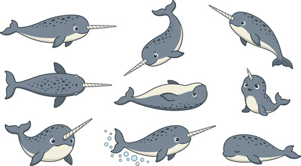 Cute Cartoon Narwhal Whale Vector Character Set Featuring Various Poses Like Swimming Diving Blowing Bubbles and Sleeping for Arctic Wildlife Sticker Designs © Mst