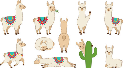 Fototapeta premium Cute Cartoon Llama and Alpaca Vector Character Set Featuring Various Poses Like Running Sleeping Eating Leaf and Hiding Behind Cactus for Sticker Designs
