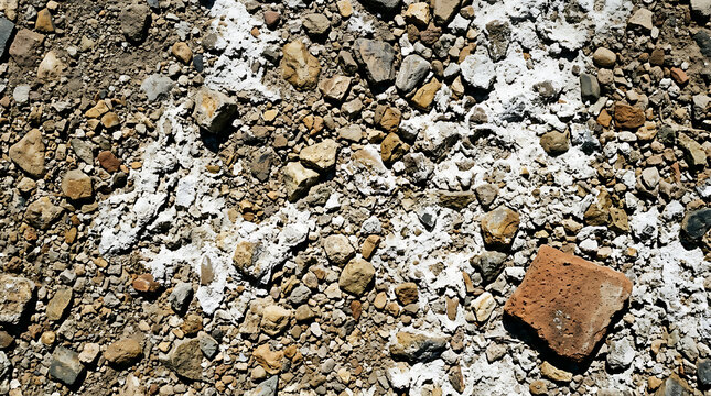 Rough terrain with mineral deposits and brick fragment in natural rocky ground